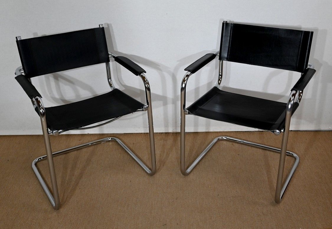Pair Of Armchairs In Leather And Chromed Metal, After M. Breuer   1970s