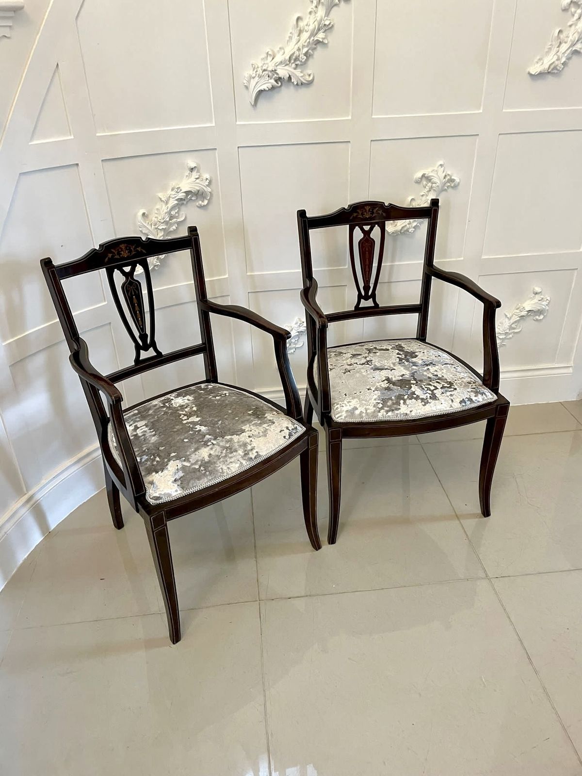 Pair Of Antique Mahogany Inlaid Armchairs photo 1495.0