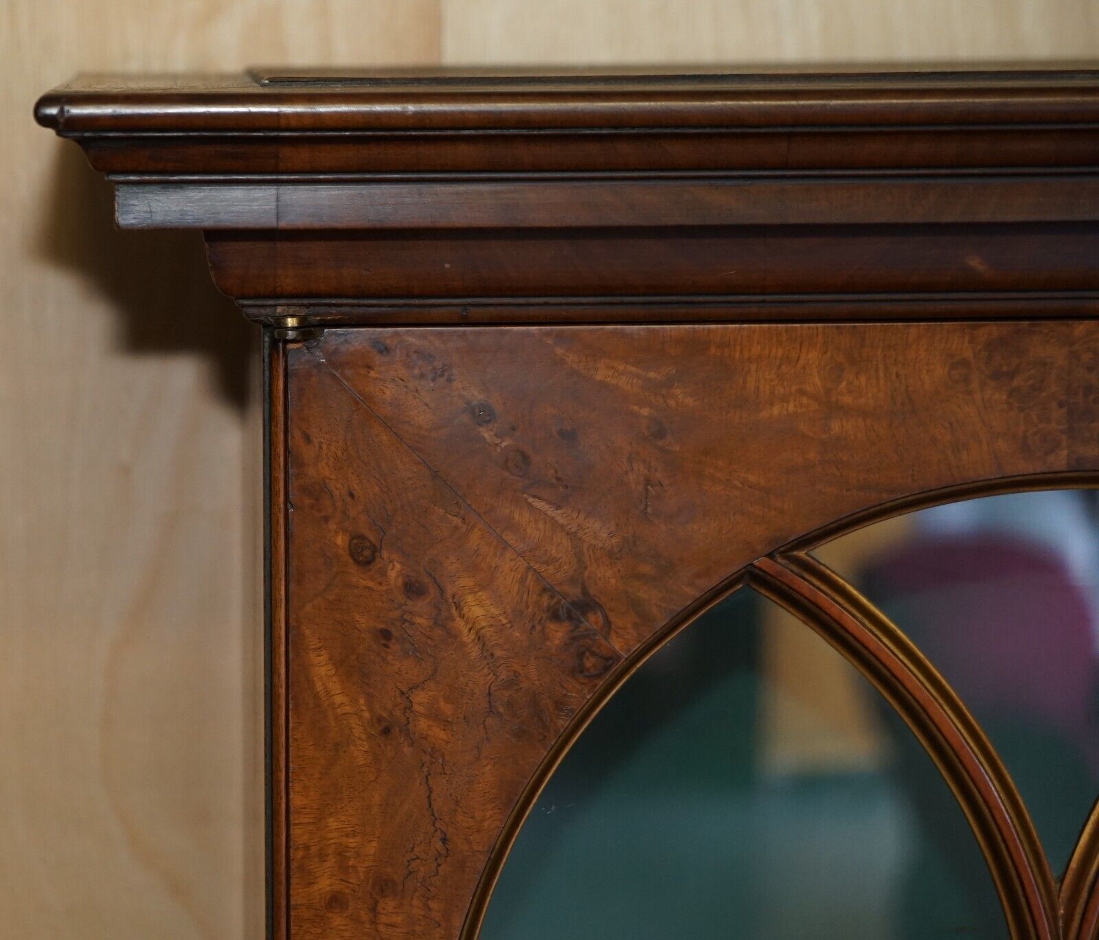 Sublime Antique Victorian Burr Walnut Library Bookcase With Gothic Glazed Doors photo vinterior