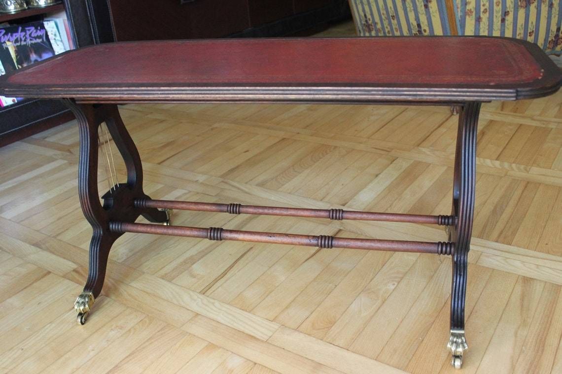 Rare Coffee Table Lyre Harp Base Sheraton Style Table On Caster Wheels And Leather Top photo buy