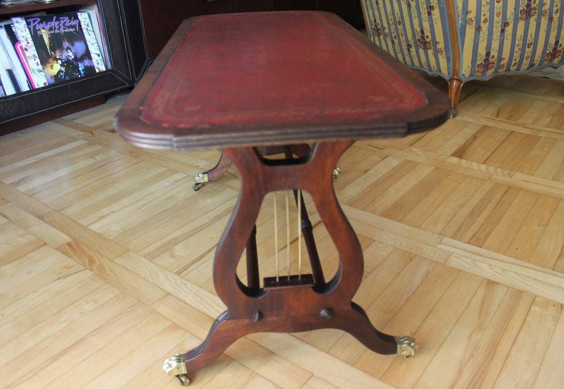 Rare Coffee Table Lyre Harp Base Sheraton Style Table On Caster Wheels And Leather Top photo vintage