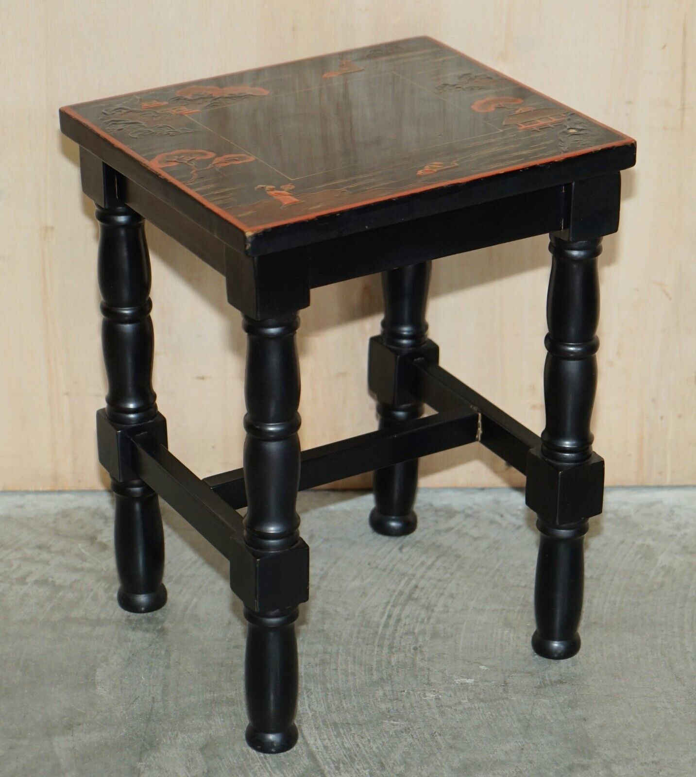 photo for sale Sublime Nest Of 2 Circa 1880 Chinese Chinoiserie Lacqurered Tables Hand Painted