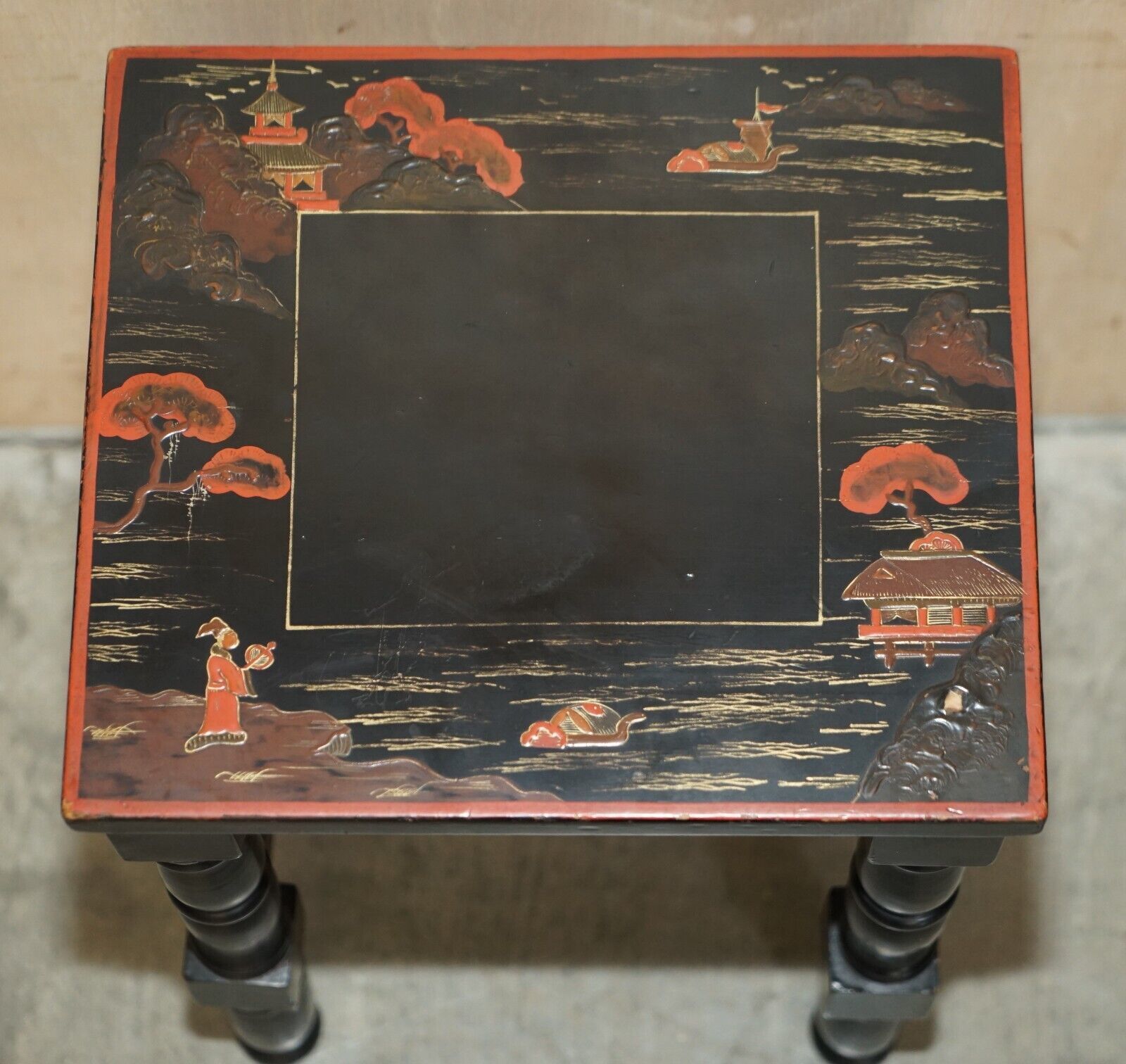 1250.0 Sublime Nest Of 2 Circa 1880 Chinese Chinoiserie Lacqurered Tables Hand Painted photo