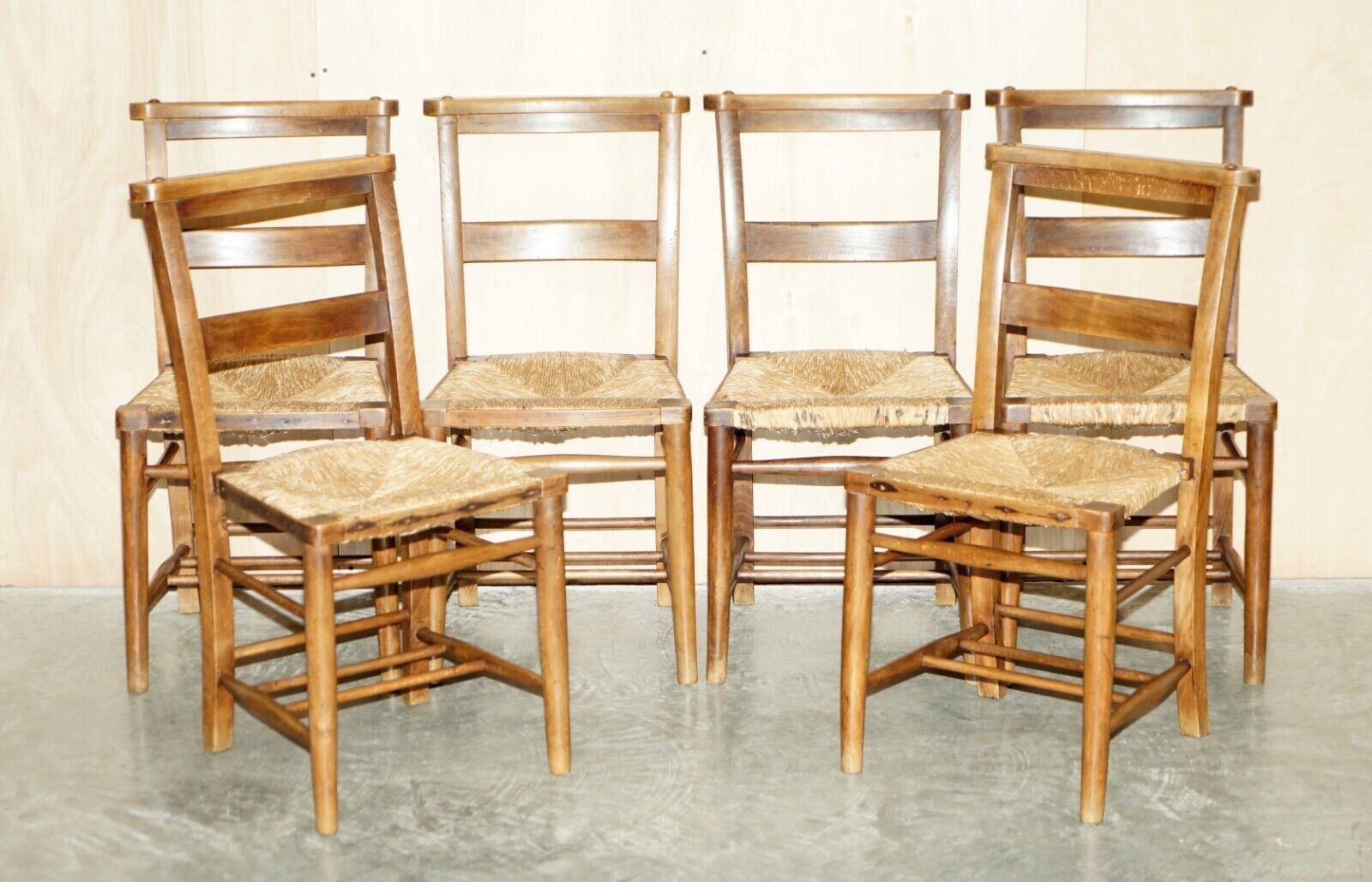 Lovely Suite Of Six Circa 1860 Dutch Ladder Back Oak Rush Seat Dining Chairs 6