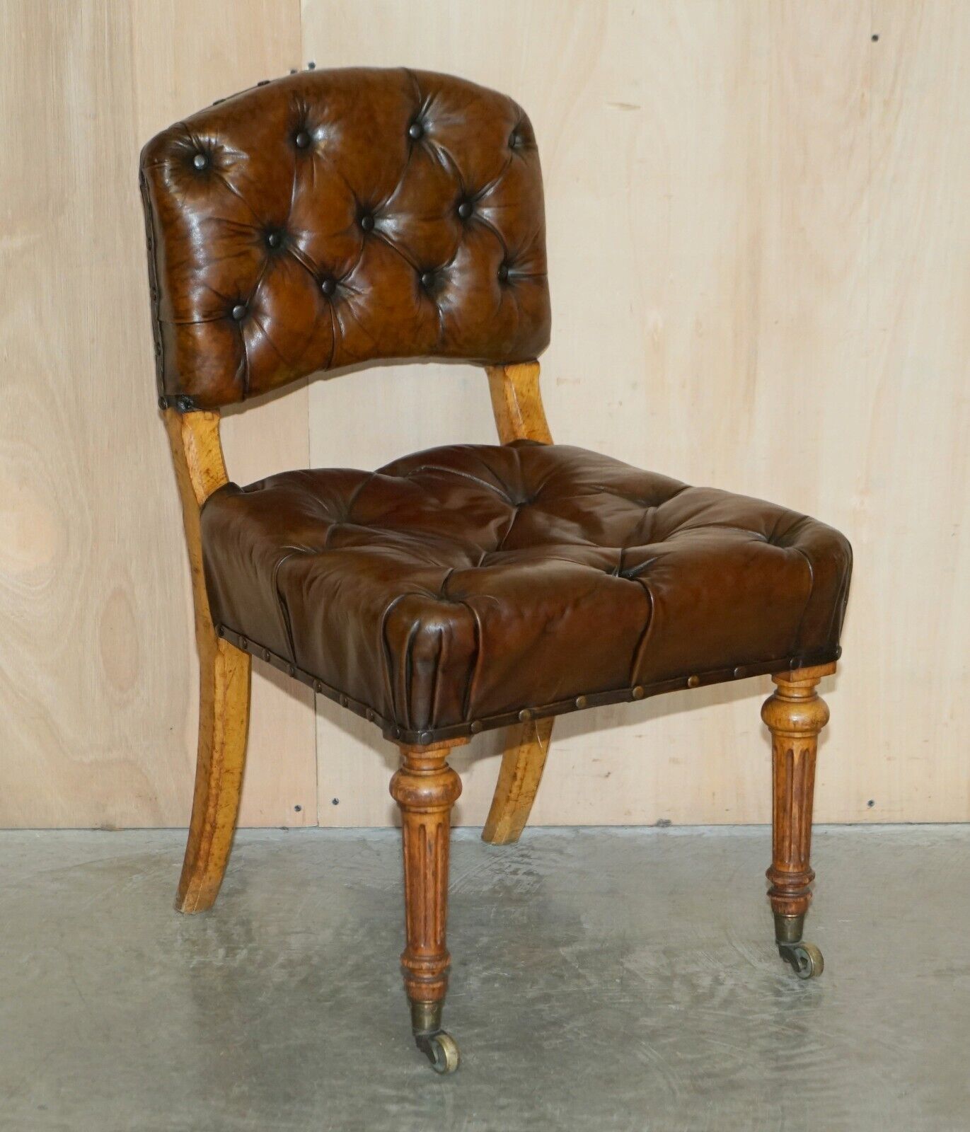 Six Antique Regency 1820 Brown Leather Pollard Oak Chesterfield Dining Chairs photo for sale