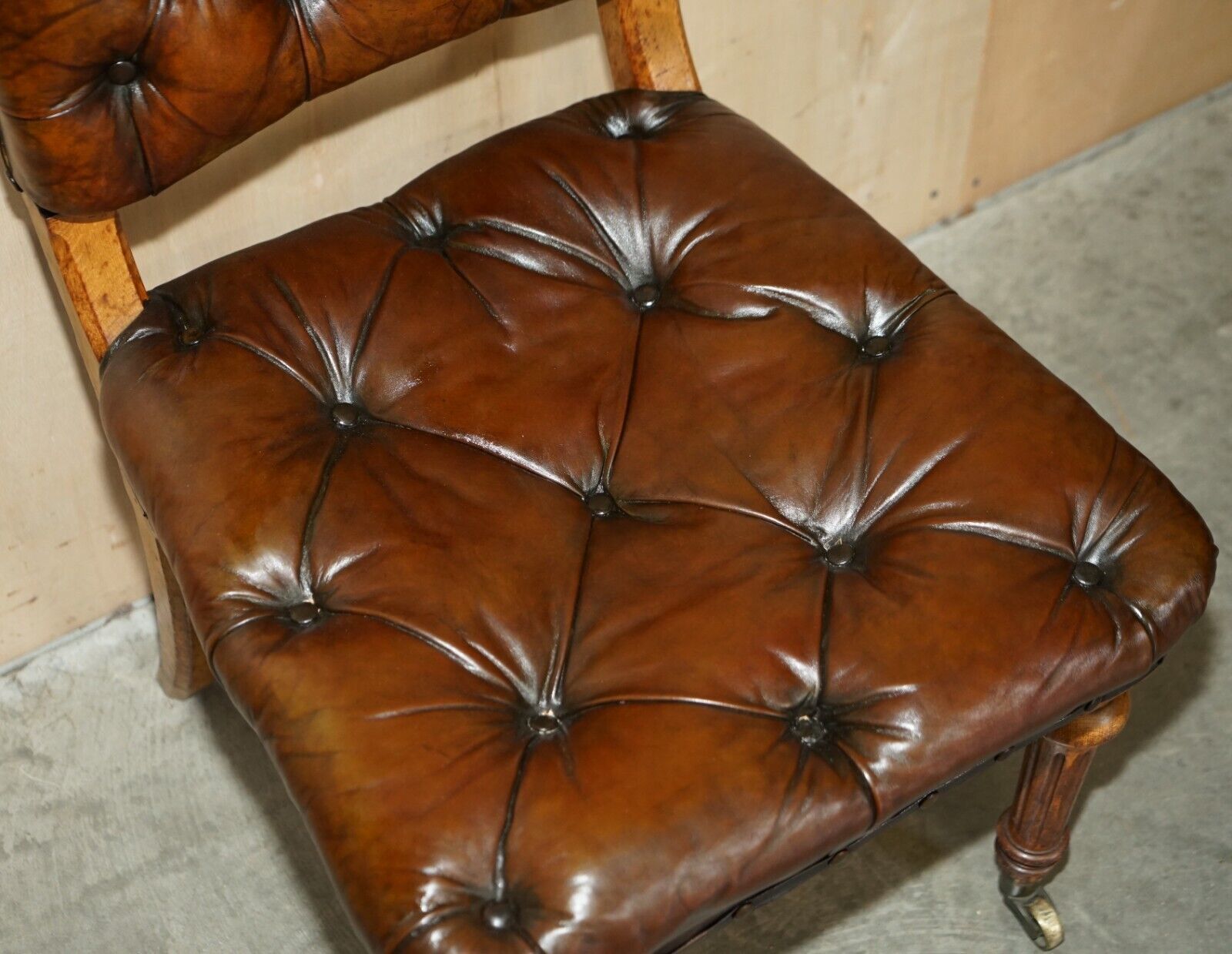 photo for sale Six Antique Regency 1820 Brown Leather Pollard Oak Chesterfield Dining Chairs