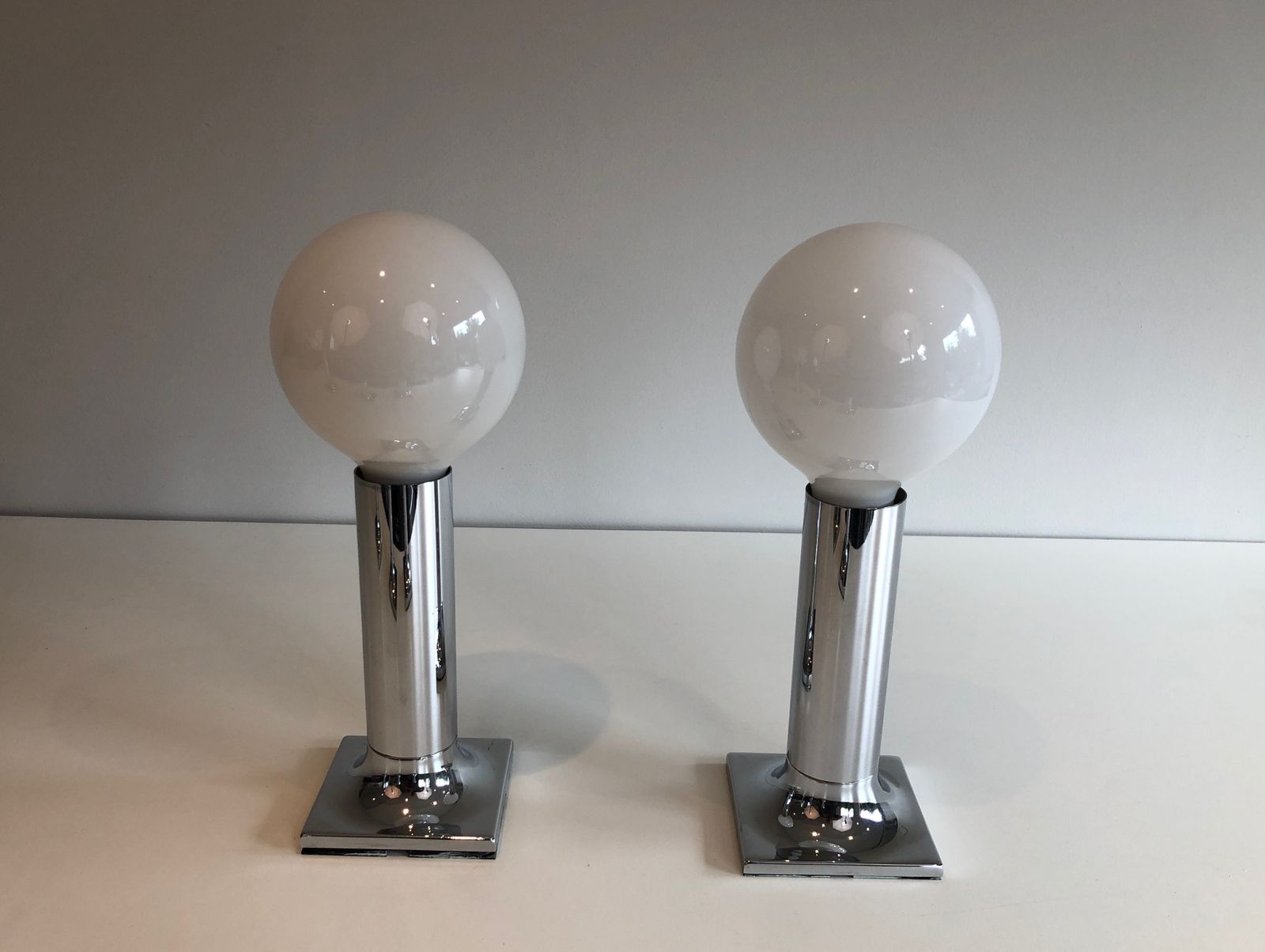 Set Of Chrome And White Opaline Glass Bowls Wall Lights Or Fixtures