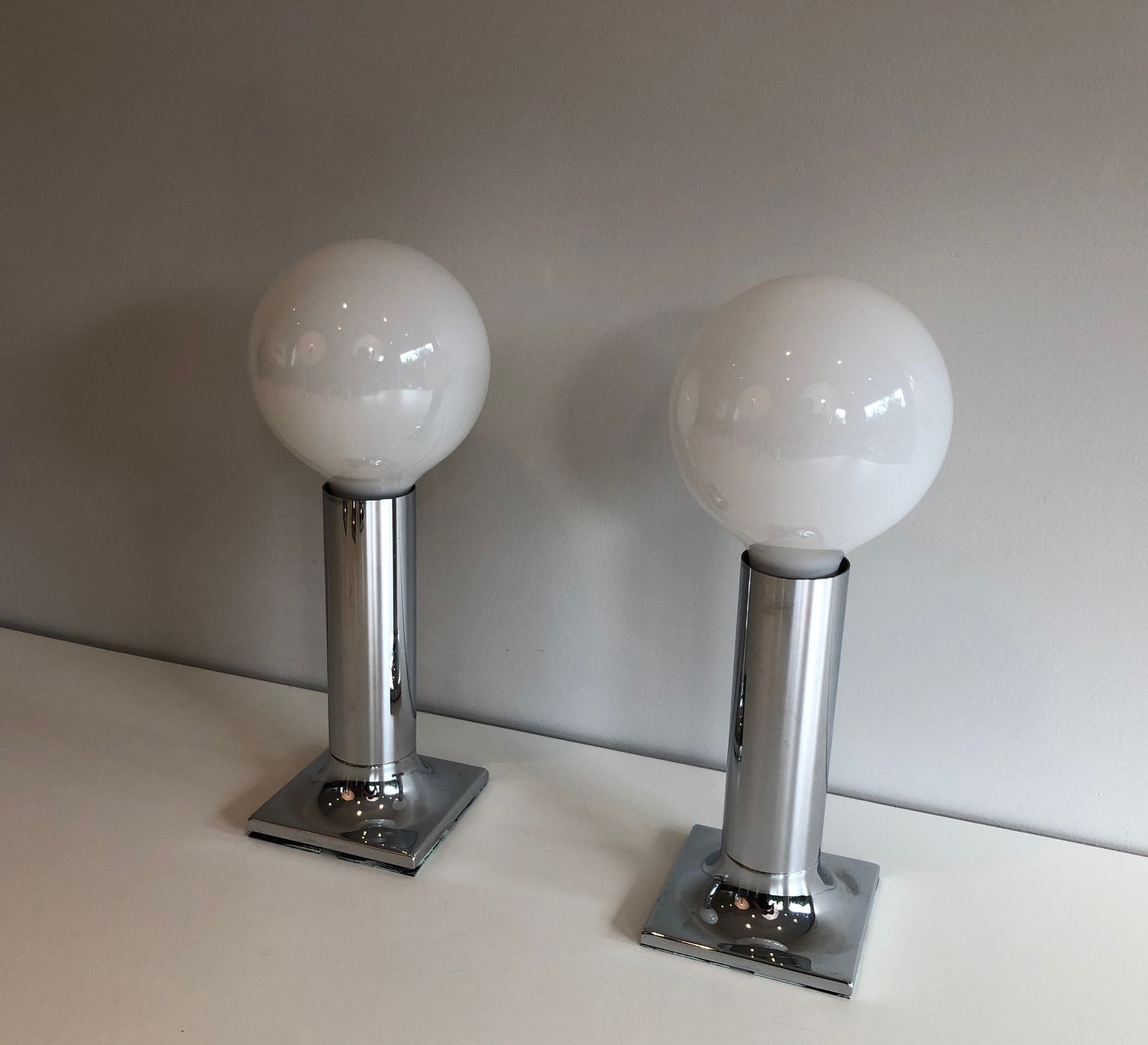 Set Of Chrome And White Opaline Glass Bowls Wall Lights Or Fixtures photo for sale