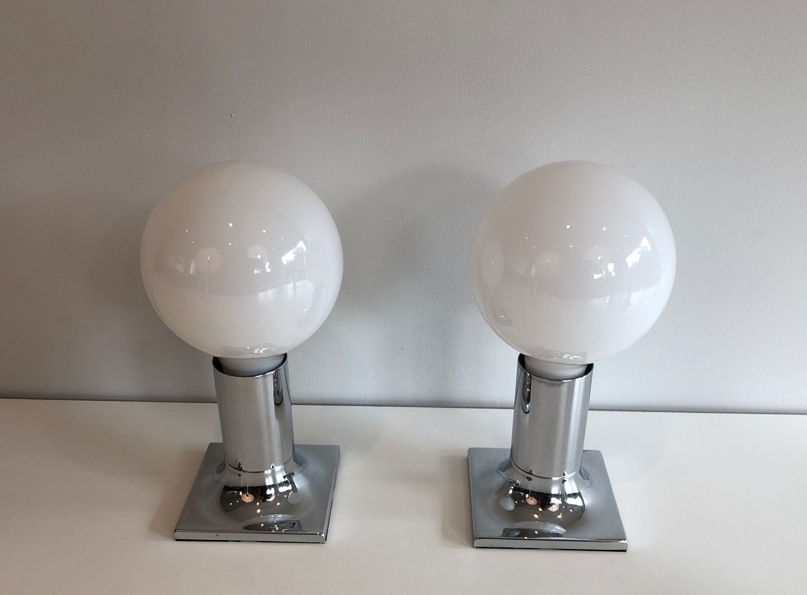 Set Of Chrome And White Opaline Glass Bowls Wall Lights Or Fixtures photo Lighting