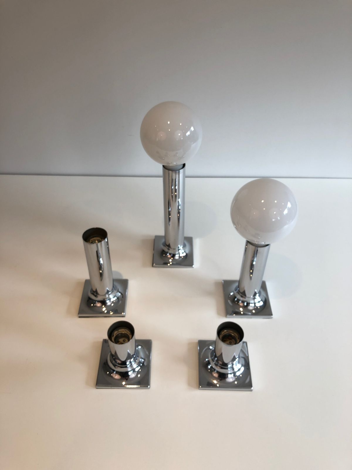 Lighting Set Of Chrome And White Opaline Glass Bowls Wall Lights Or Fixtures photo