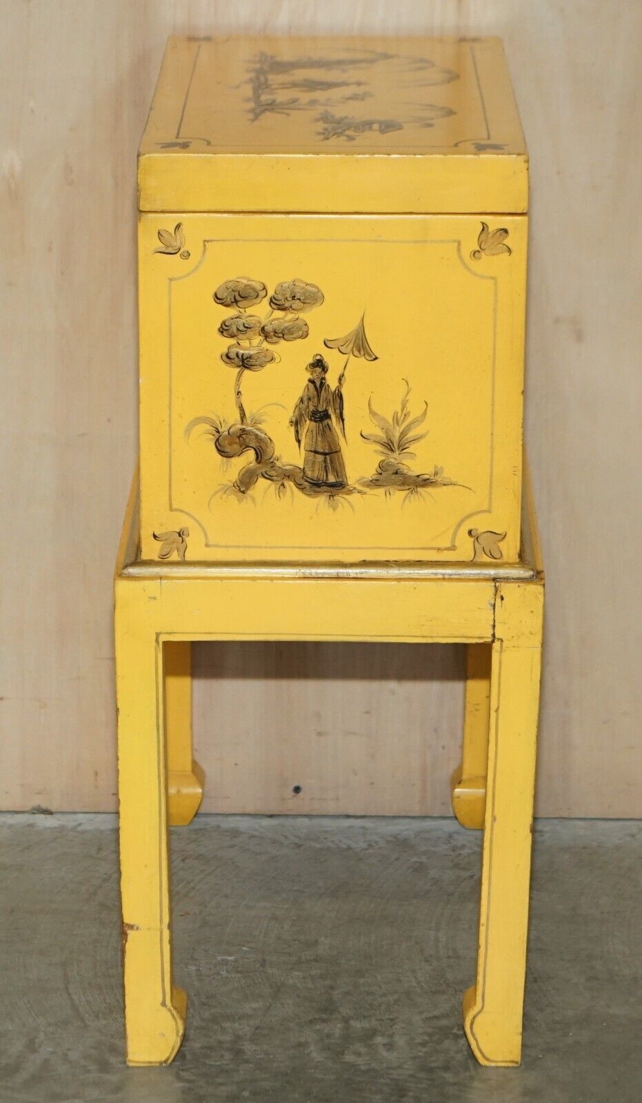 Antique Japanned Yellow Oriental Side Chest On Stand Hand Painted & Lacquered photo vintage
