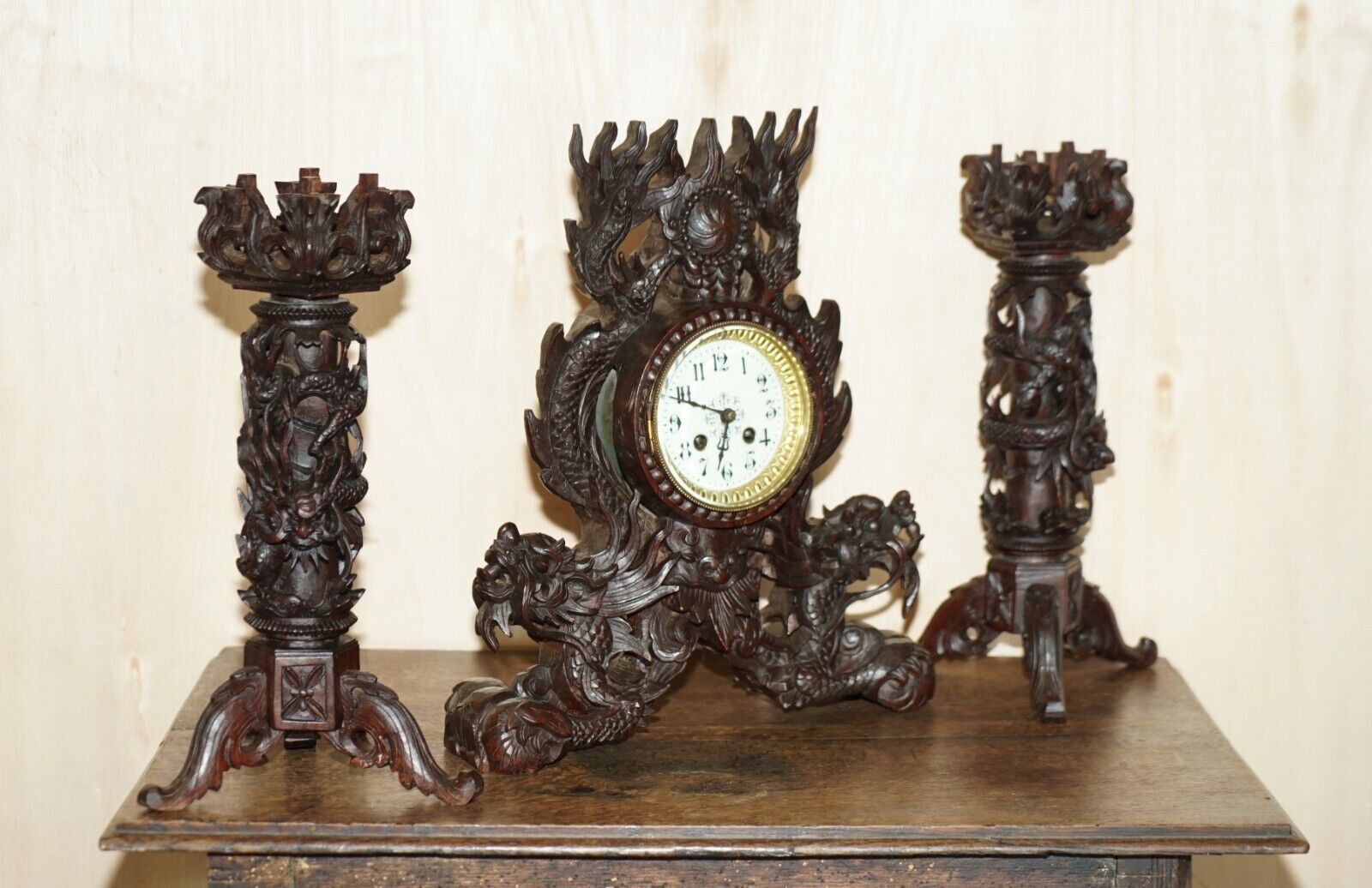 Stunning Chinese Export Hand Carved Wood Dragon Mantle Clock & Candlesticks