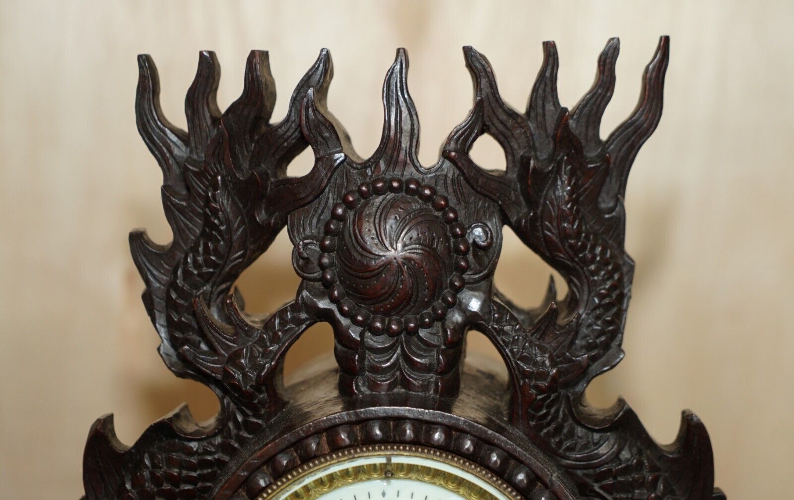 Stunning Chinese Export Hand Carved Wood Dragon Mantle Clock & Candlesticks photo buy