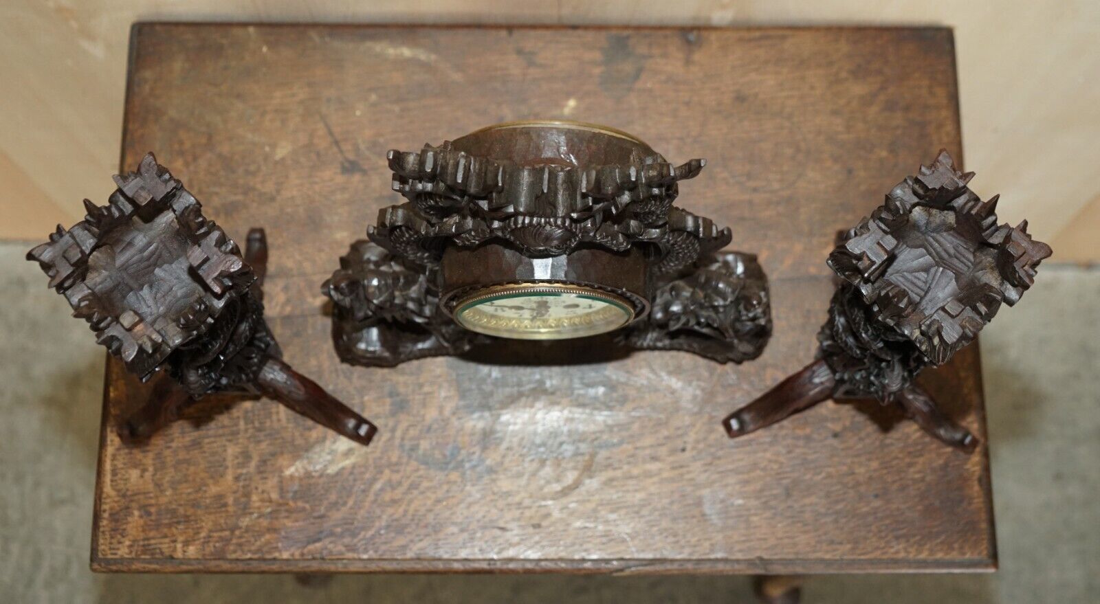 photo furniture Stunning Chinese Export Hand Carved Wood Dragon Mantle Clock & Candlesticks