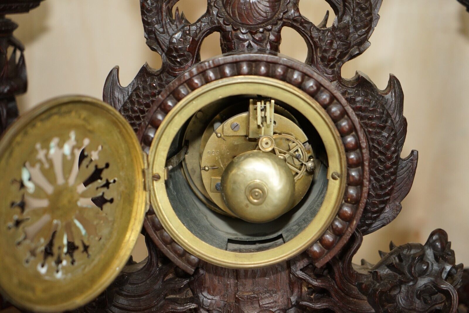 1850.0 Stunning Chinese Export Hand Carved Wood Dragon Mantle Clock & Candlesticks photo