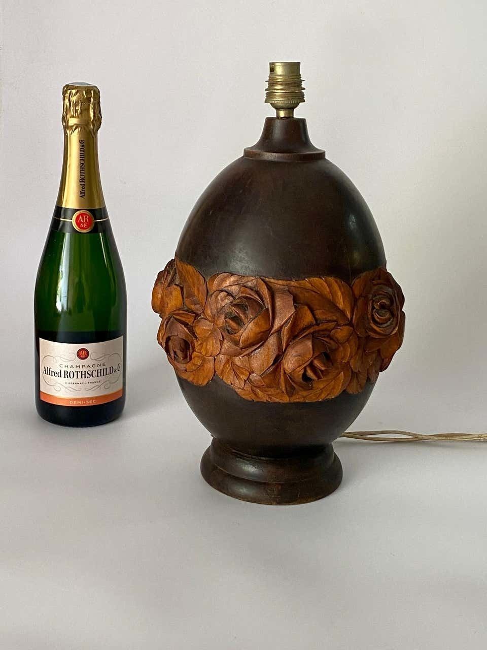 photo for sale Wood Hand Carved Table Lamp, Art Deco Period, France, Circa 1940