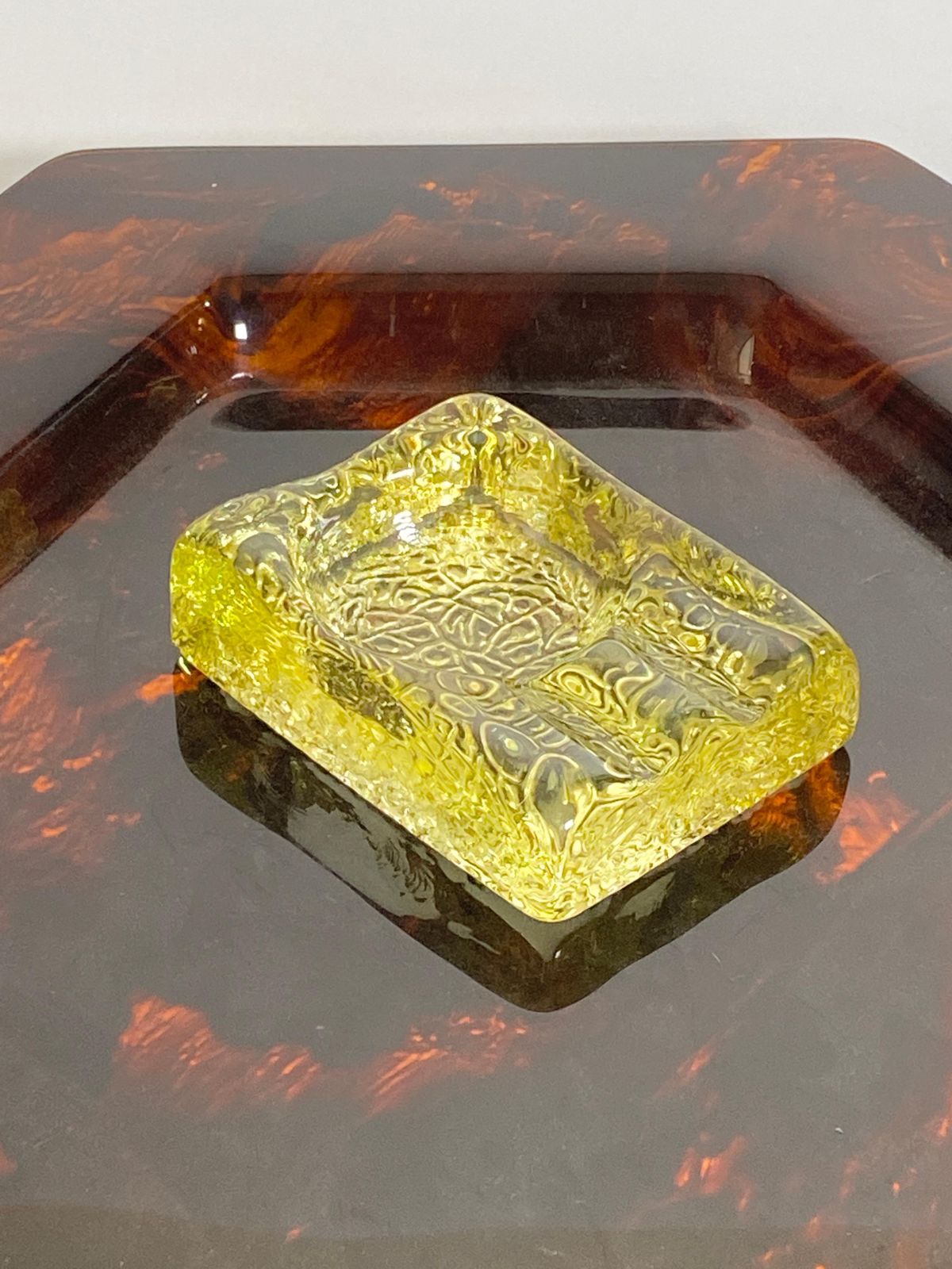 Yellow Bubled Glass Ashtray, Made In France In The 1970's photo for sale