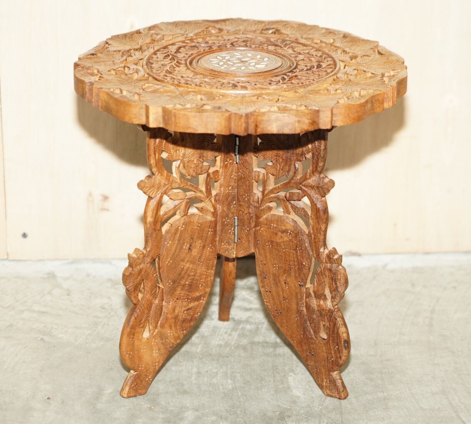 Fine Carved Burmese Antique Octagonal Side End Lamp Wine Folding Table Liberty photo furniture