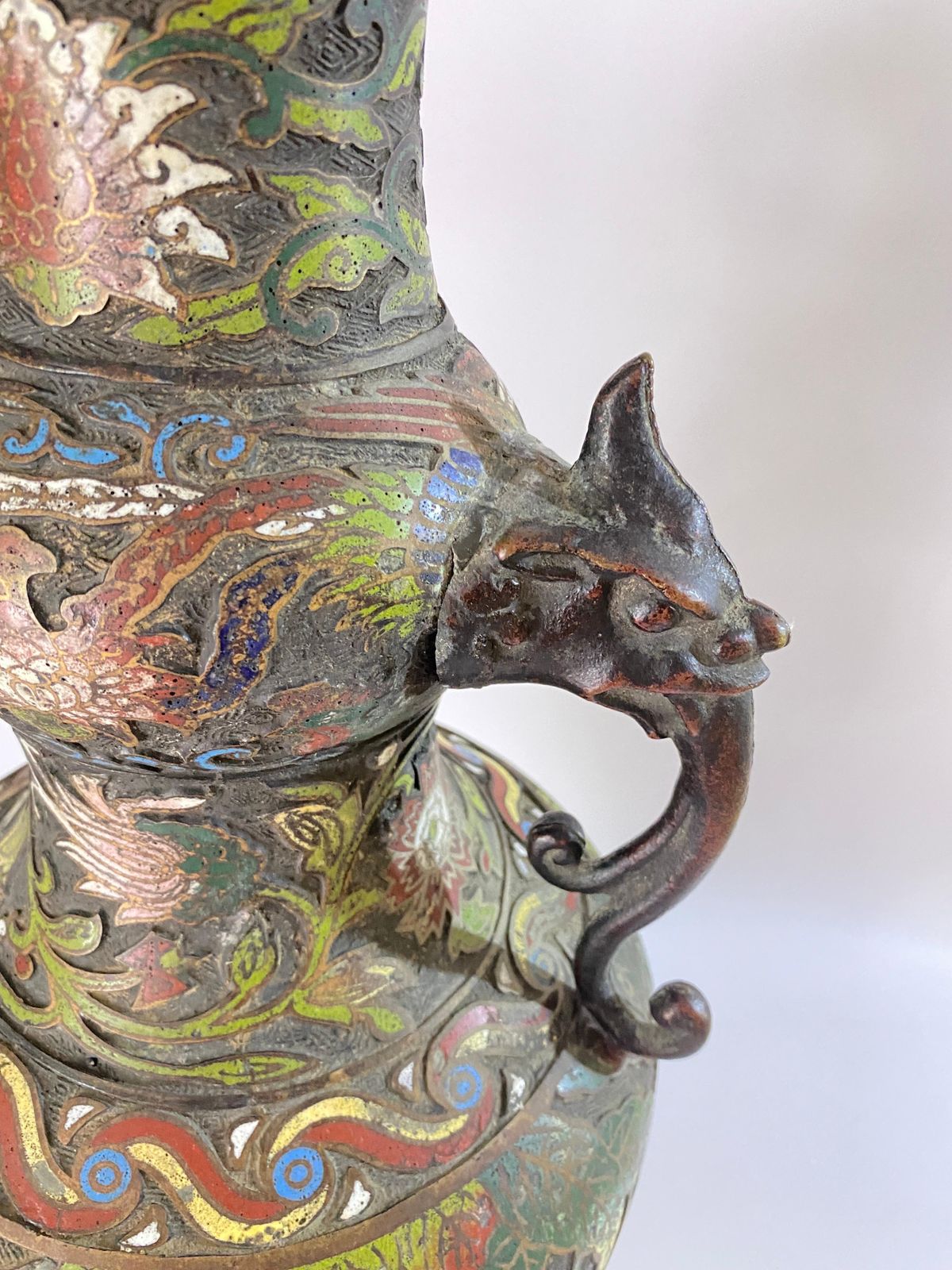 Large Antique Chinese Cloisonné Champlevé Bronze Vase, China, Circa 1890 photo vintage