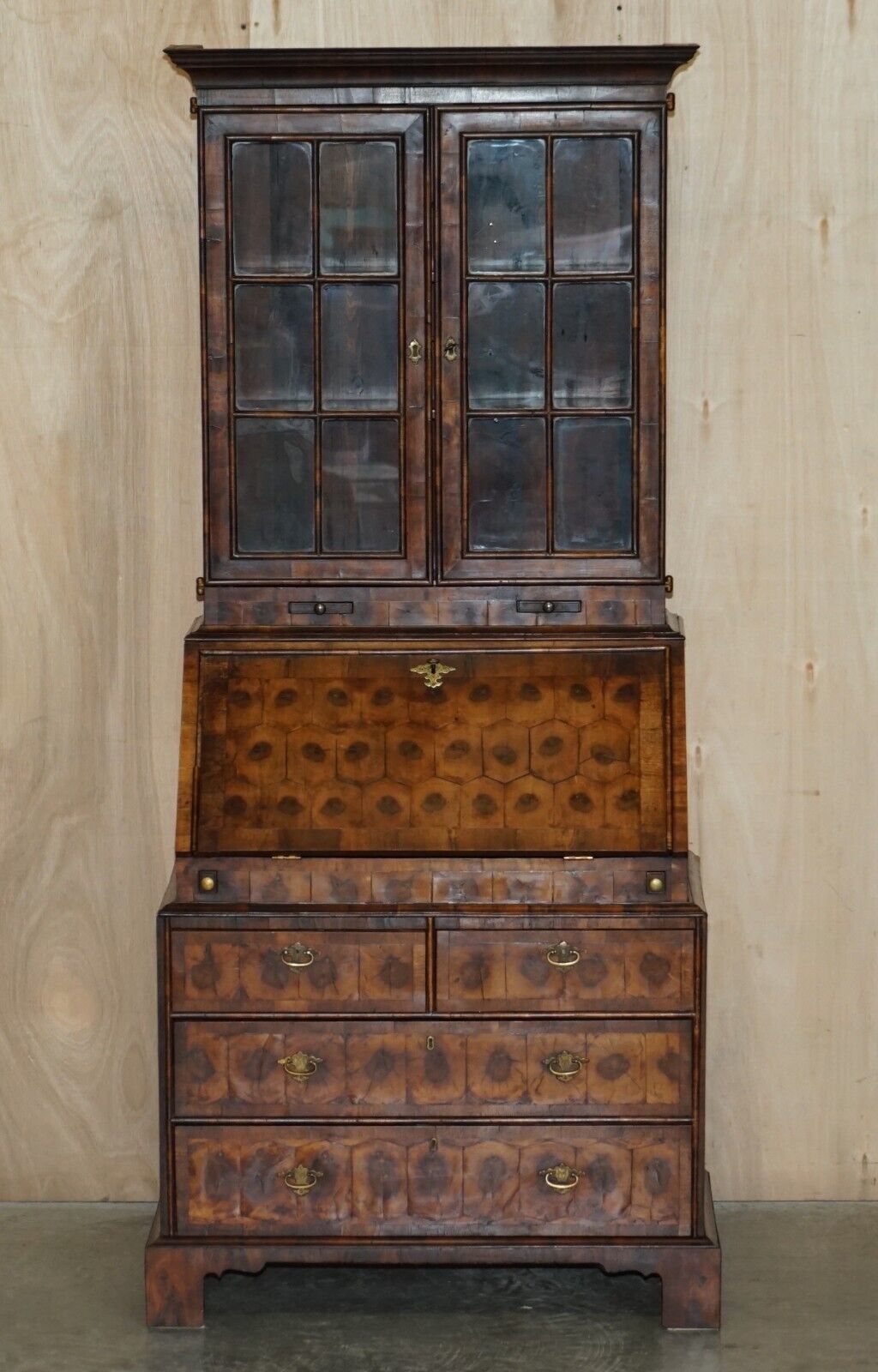 Fine Antique Georgian Circa 1780 Oyster Venner Bureau Bookcase Chest Of Drawers photo furniture