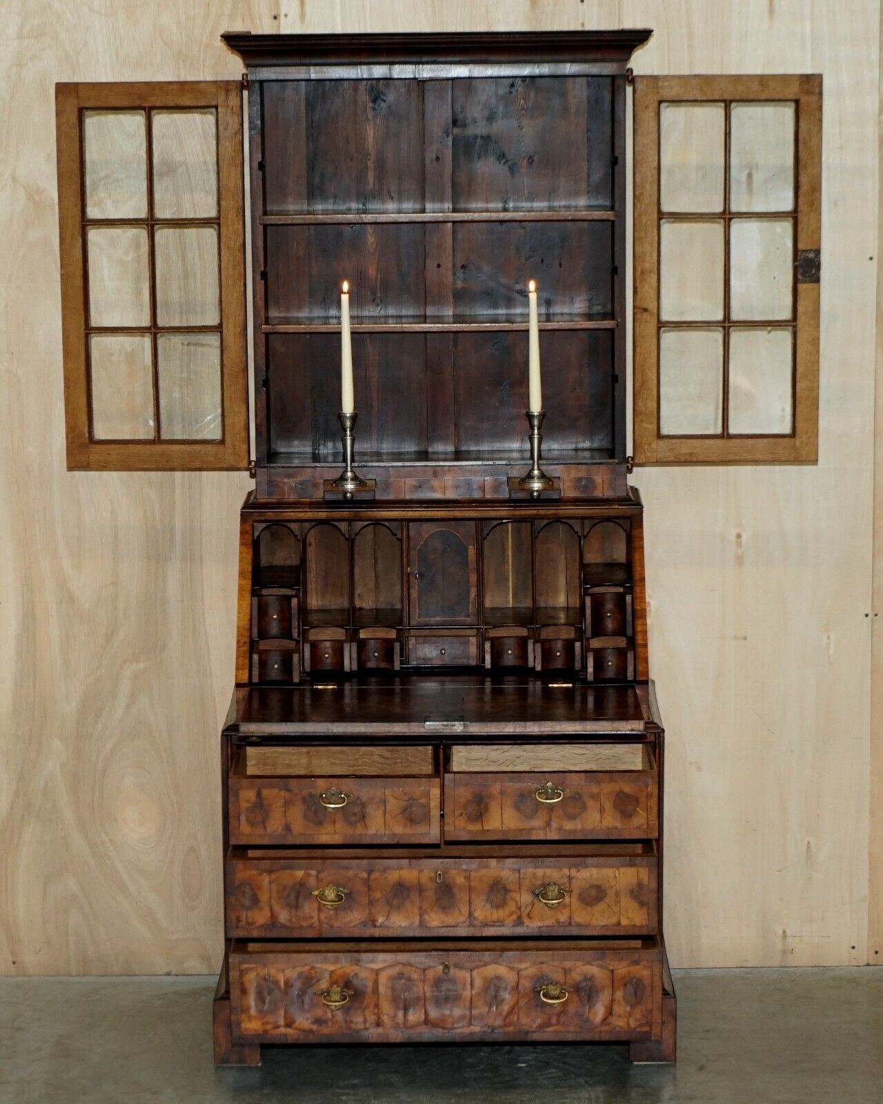 Fine Antique Georgian Circa 1780 Oyster Venner Bureau Bookcase Chest Of Drawers photo vintage