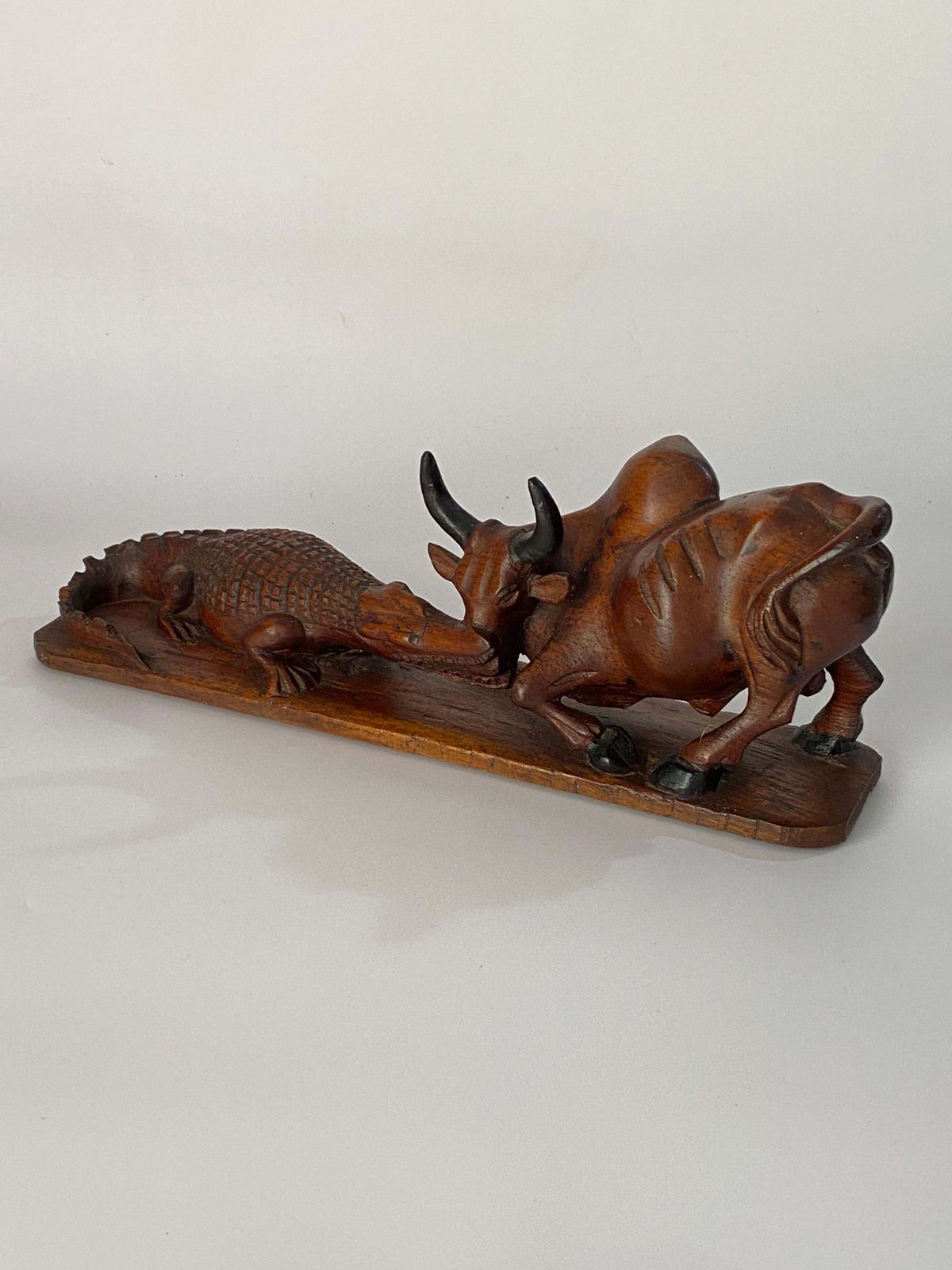 Wood Sculpture Representing A Crocodile And A Bull Fighting In Wood France 1930 photo buy