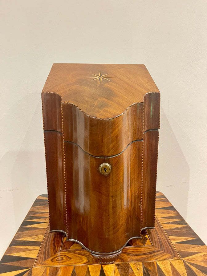 photo for sale An Exceptional Quality Early Georgian Flame Mahogany Serpentine Tulip Wood Banded Cutlery Box Circa 1788