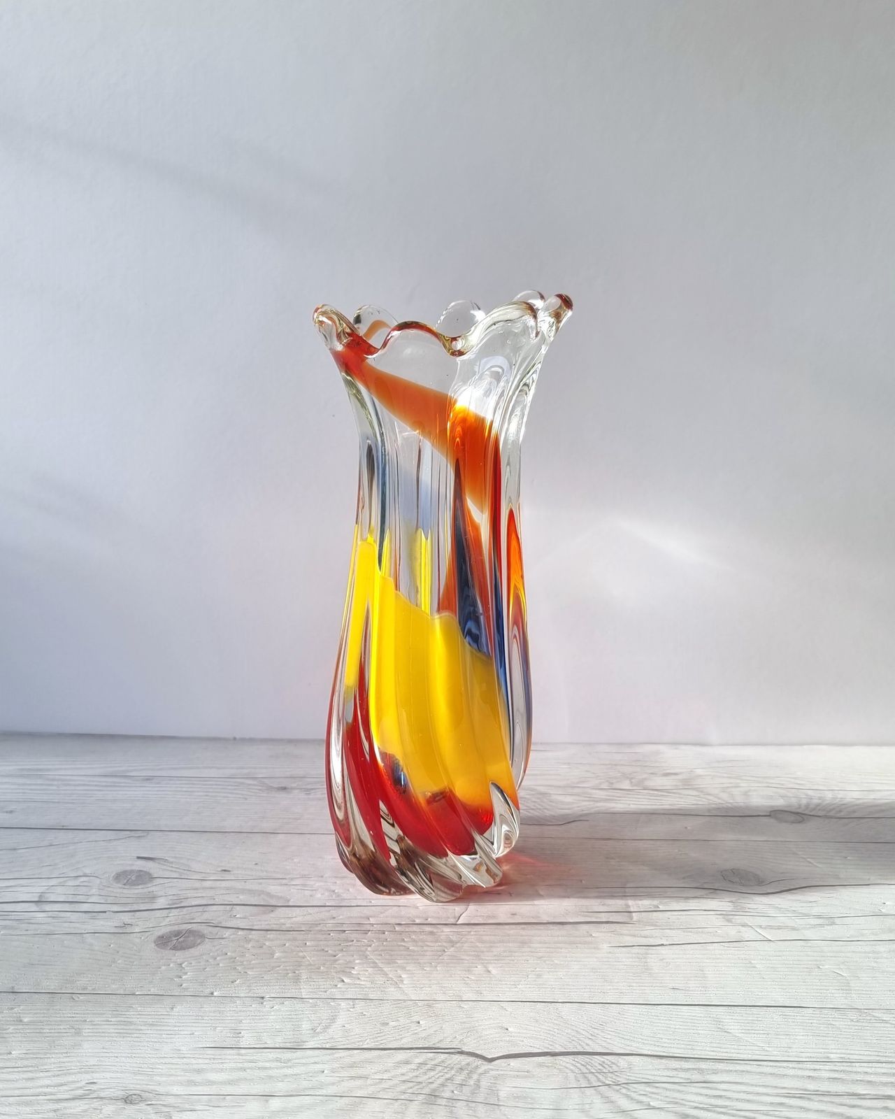 Iwatsu Hineri, Sculpted Apricot, Scarlet And Azure Striped Twist Vase, 1960s 70s, Japanese photo Home Decor