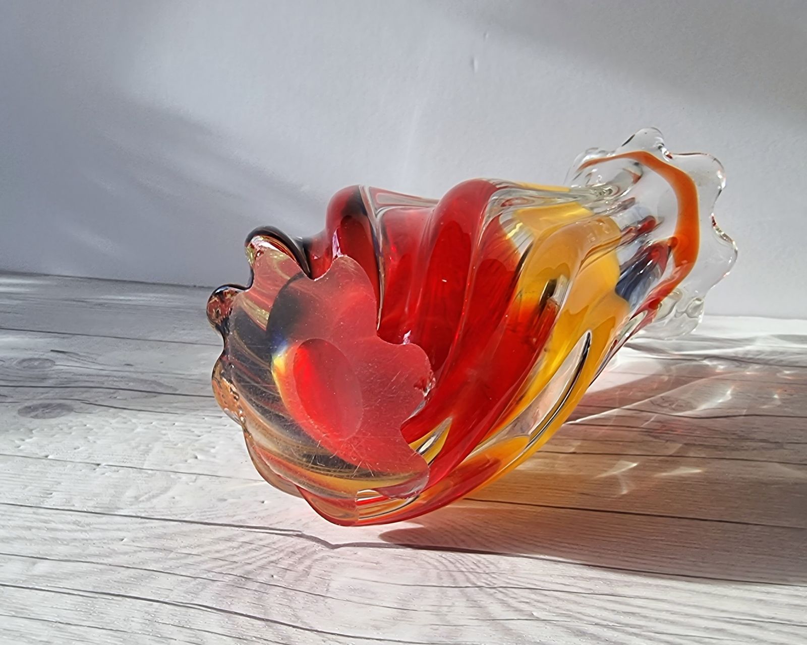 Iwatsu Hineri, Sculpted Apricot, Scarlet And Azure Striped Twist Vase, 1960s 70s, Japanese photo 118.0