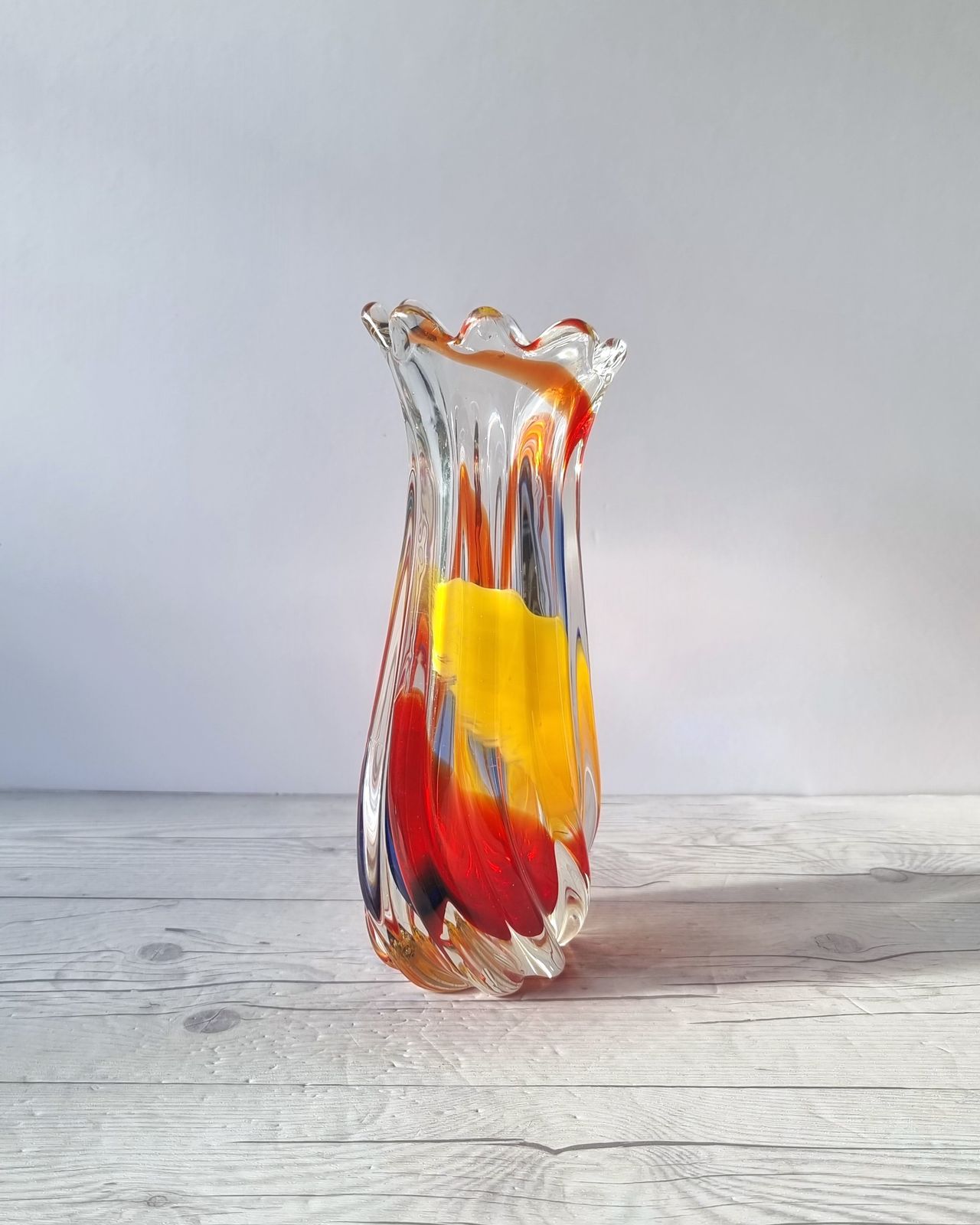 Iwatsu Hineri, Sculpted Apricot, Scarlet And Azure Striped Twist Vase, 1960s 70s, Japanese photo vinterior