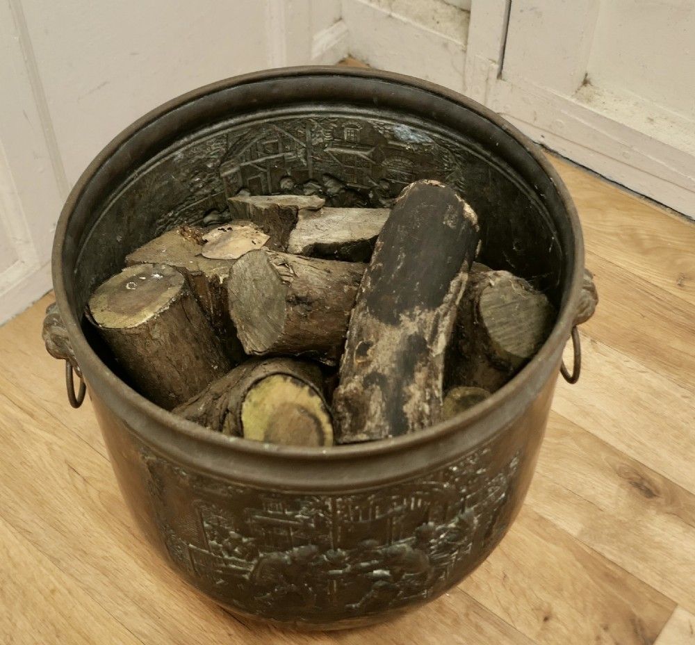 Arts And Crafts Brass Log Or Coal Bin, With Tavern Scenes photo furniture
