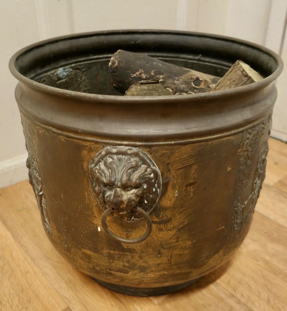 Arts And Crafts Brass Log Or Coal Bin, With Tavern Scenes photo for sale