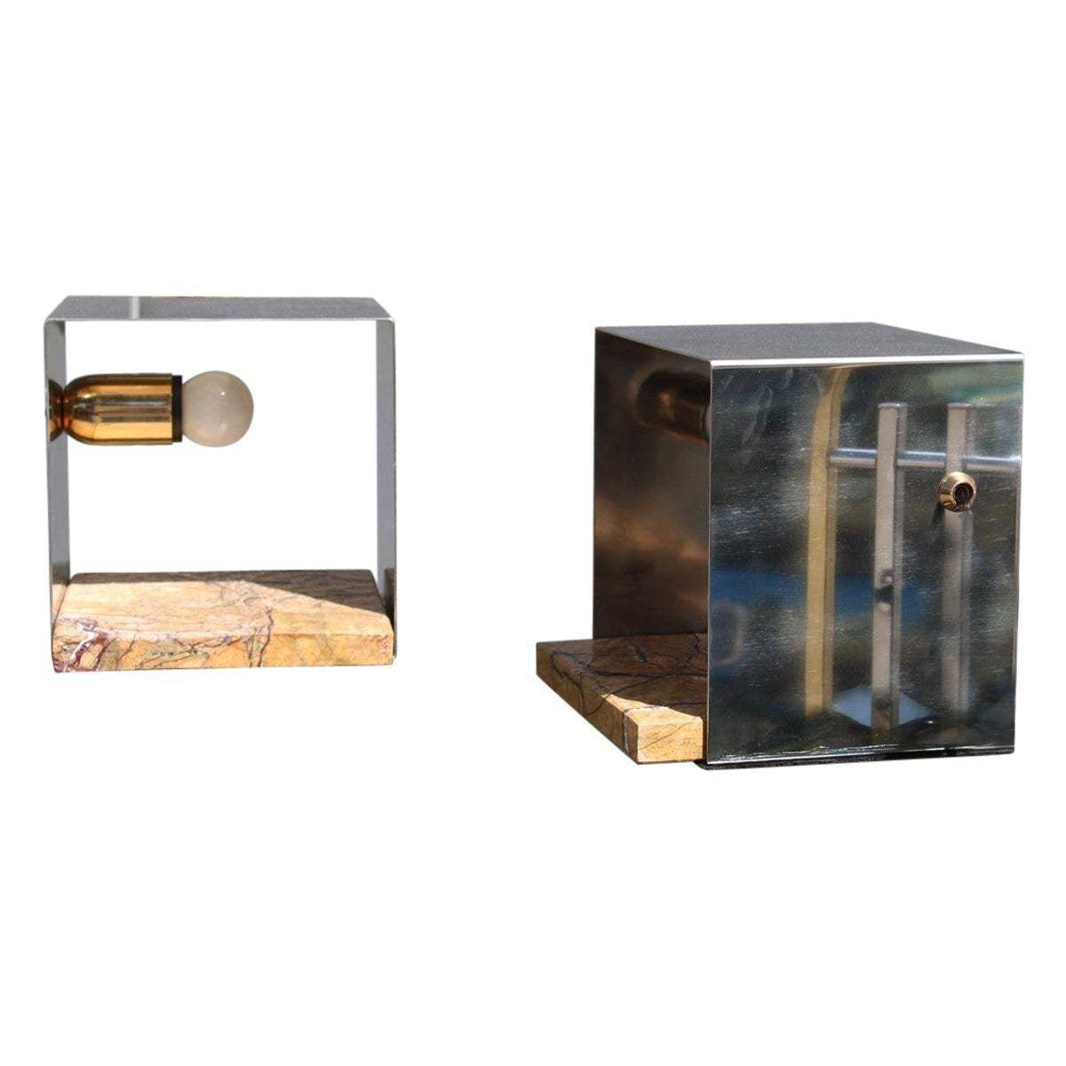 Minimal Square Steel Italian Table Lamp Brass Marble Silver Gold, 1970s