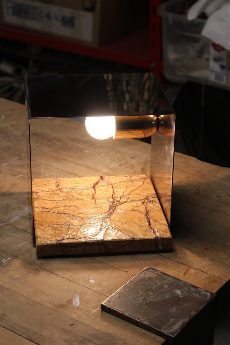 Minimal Square Steel Italian Table Lamp Brass Marble Silver Gold, 1970s photo for sale