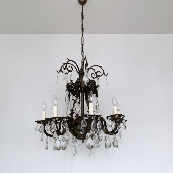 Large French Heavy Cast Brass Chandelier With Crystal Pears And Glass Flat Leaf Drops