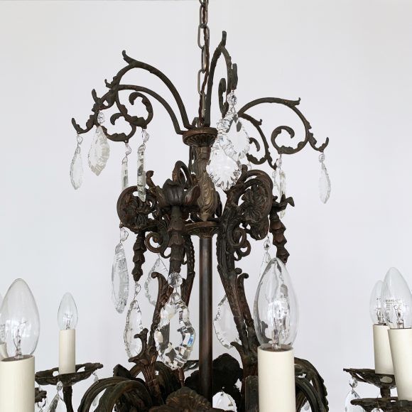 Large French Heavy Cast Brass Chandelier With Crystal Pears And Glass Flat Leaf Drops photo buy