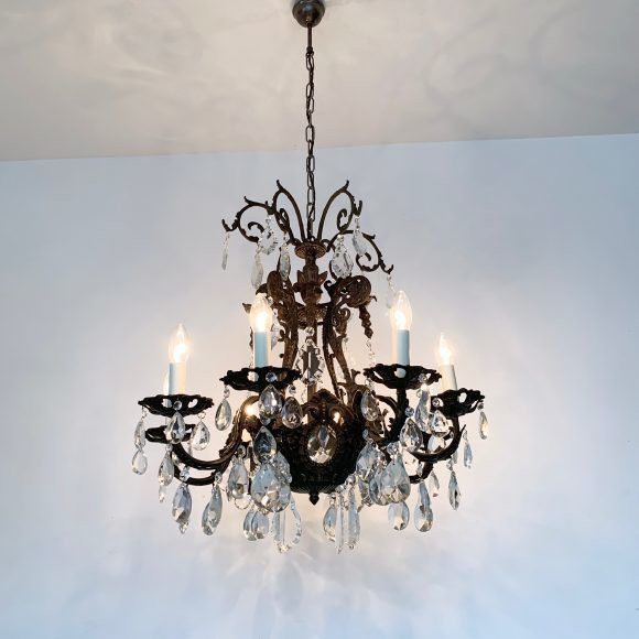 photo for sale Large French Heavy Cast Brass Chandelier With Crystal Pears And Glass Flat Leaf Drops