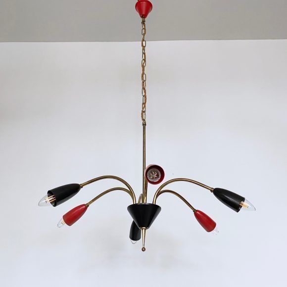 Mid Century Brass Sputnik Chandelier With Red And Black Shades photo for sale