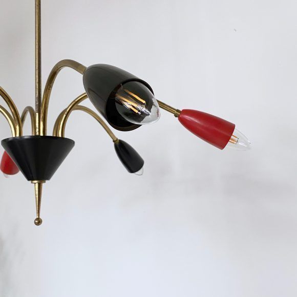 Mid Century Brass Sputnik Chandelier With Red And Black Shades photo buy