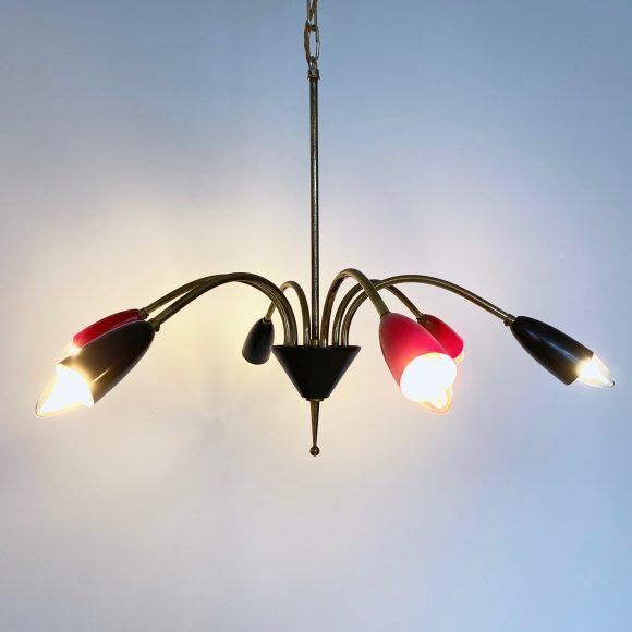 Mid Century Brass Sputnik Chandelier With Red And Black Shades photo vintage
