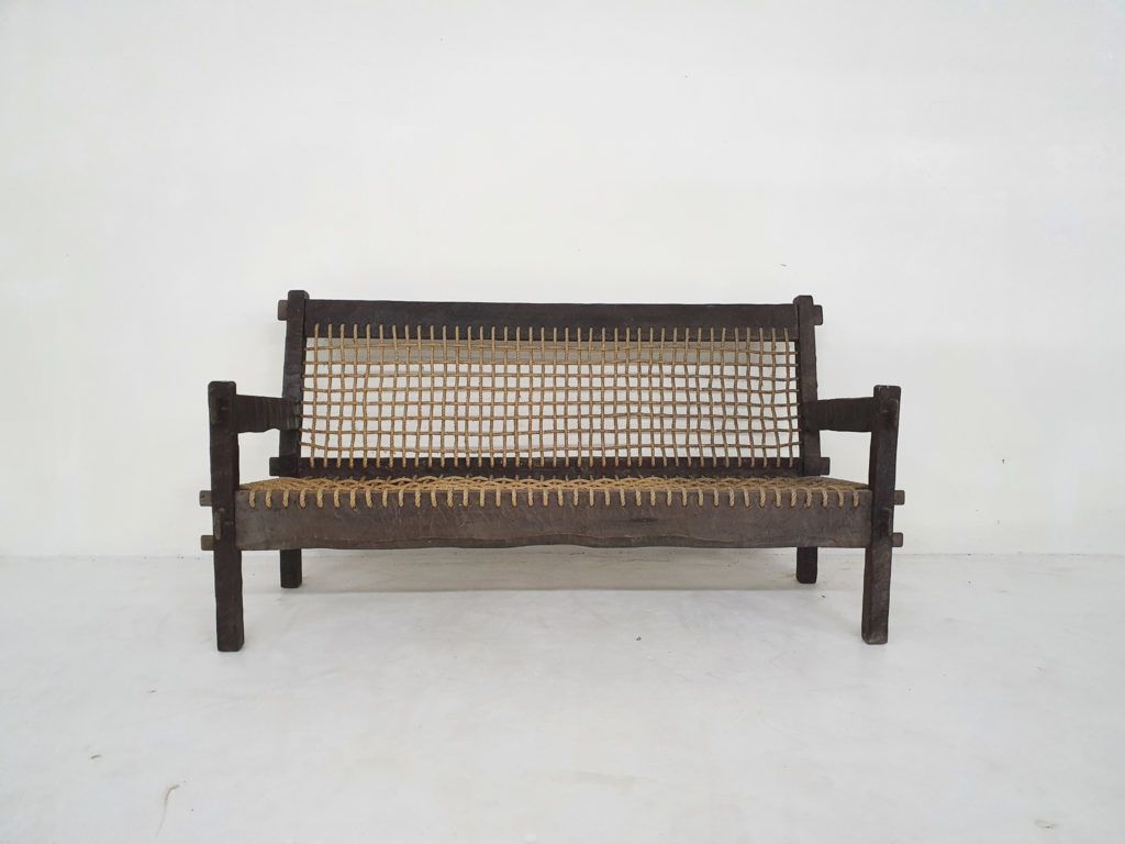 Unieke Massief Eiken Bank Met Touwbekleding, Nederland, Ca. Jaren 1960