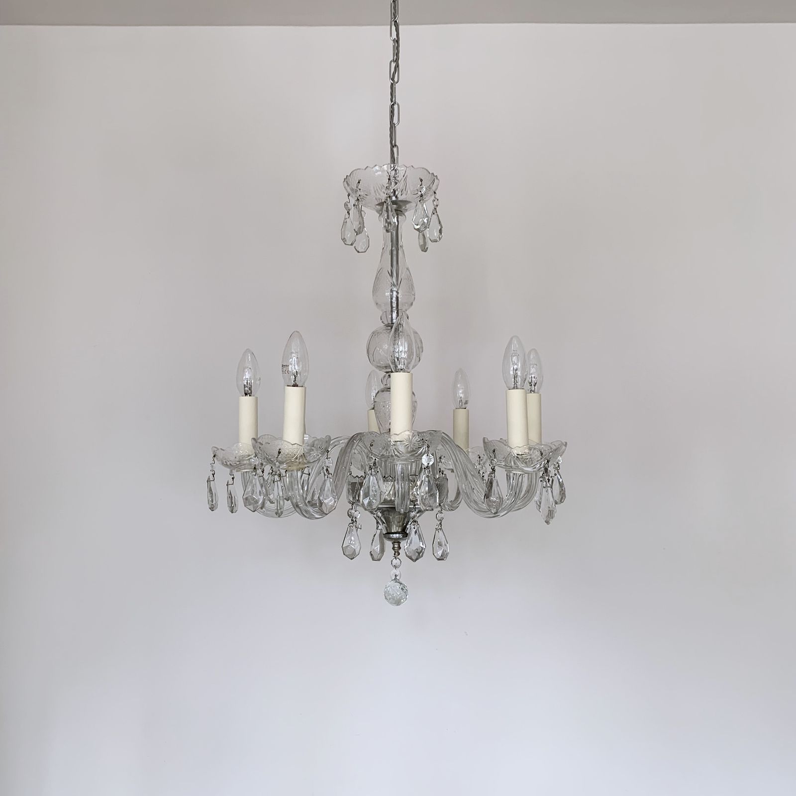 Large French Glass Swan Neck Chandelier With Cut Glass Details