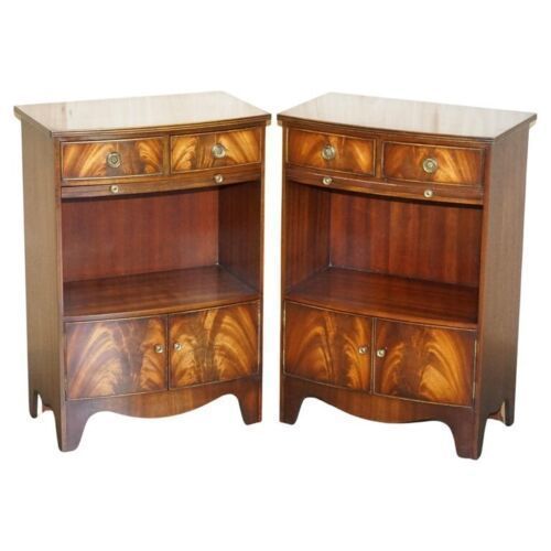 Pair Of Shaws London Bow Fronted Side Bookcase Tables + Butlers Serving Trays