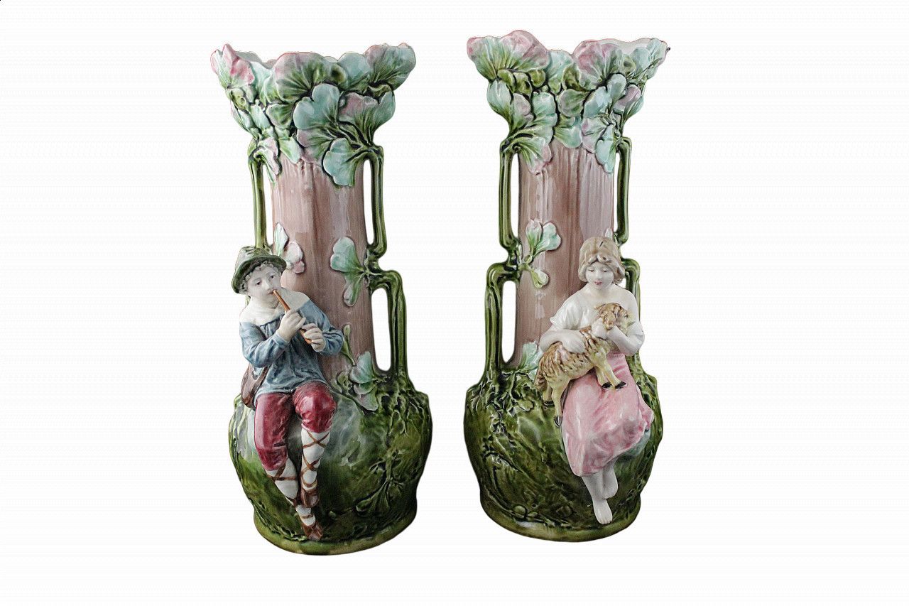 Pair Of Vases With Reliefs Of Children And Foliage In Art Nouveau Style, Early 20th Century