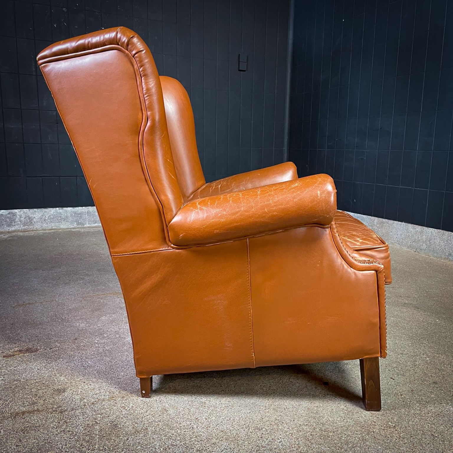 Vintage Cognac Sheepskin Leather Wingback Armchair photo vintage