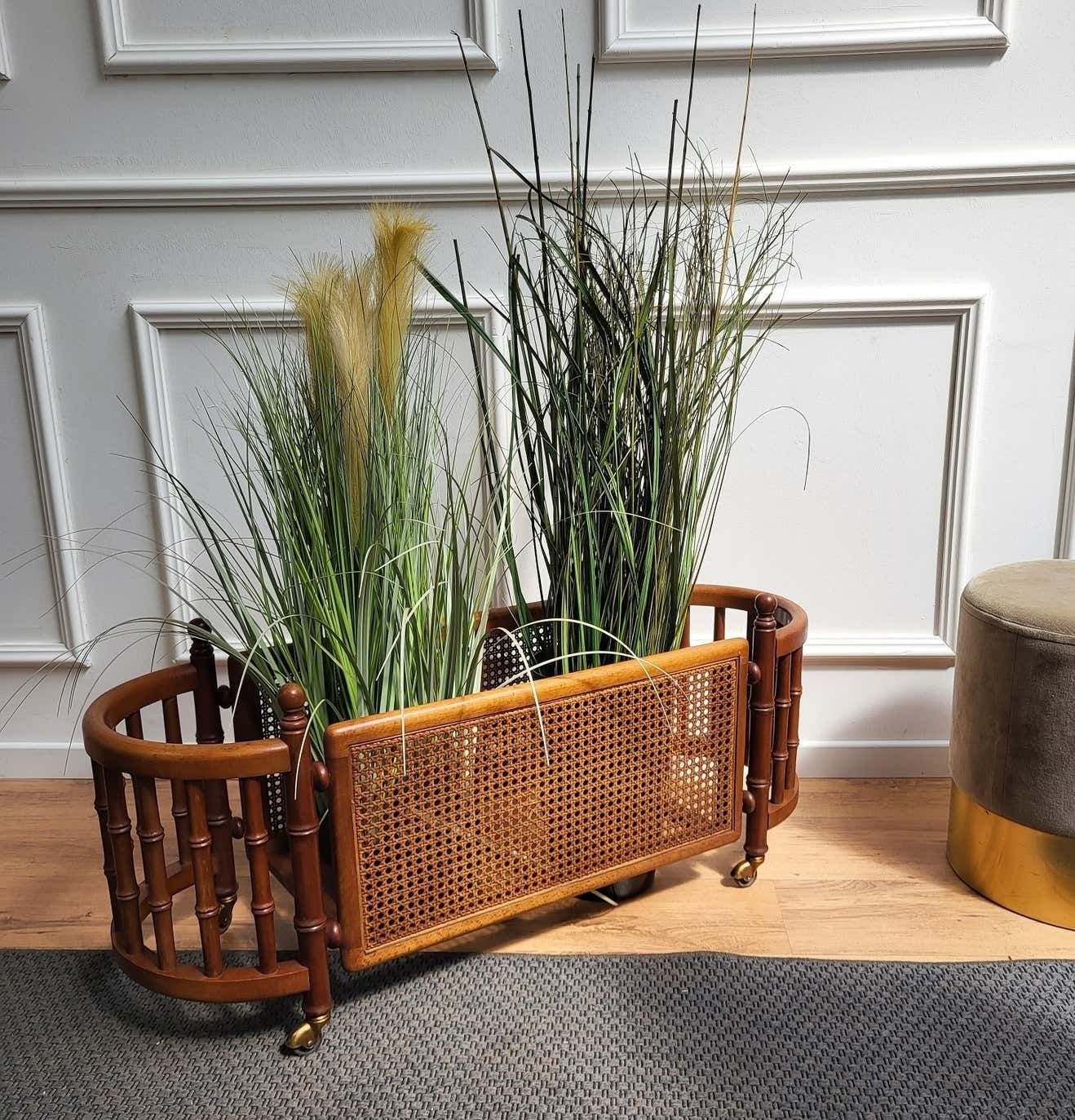 Mid Century Modern Italian Fruitwood Cane And Brass Cachepot Planter Jardinieres photo 798.0