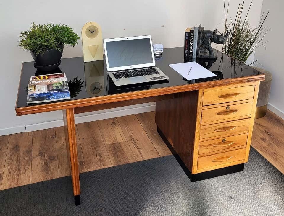 1960s Italian Art Deco Midcentury Walnut Brass Desk Writing Table photo furniture