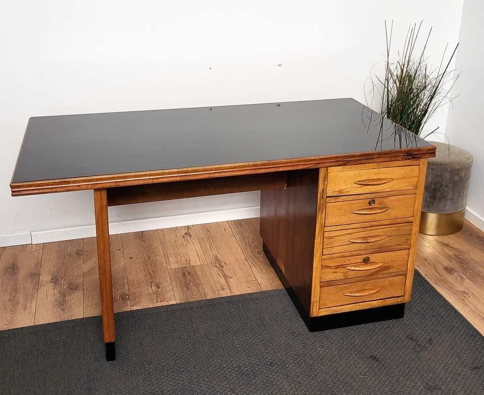 1960s Italian Art Deco Midcentury Walnut Brass Desk Writing Table photo Furniture