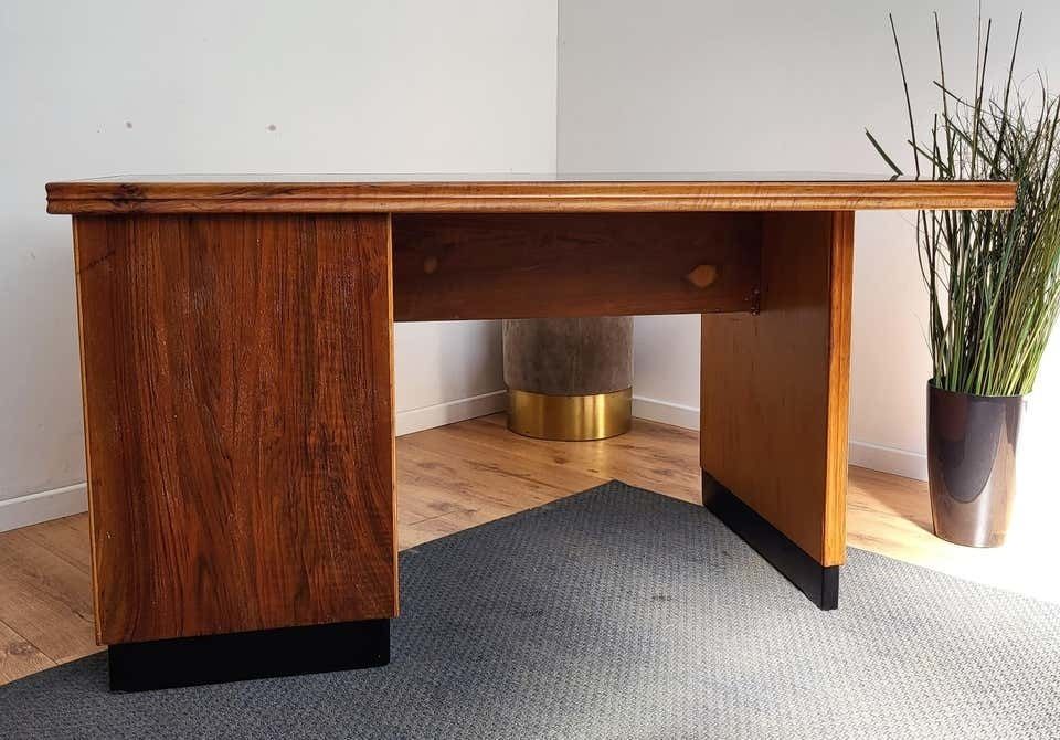 1960s Italian Art Deco Midcentury Walnut Brass Desk Writing Table photo buy