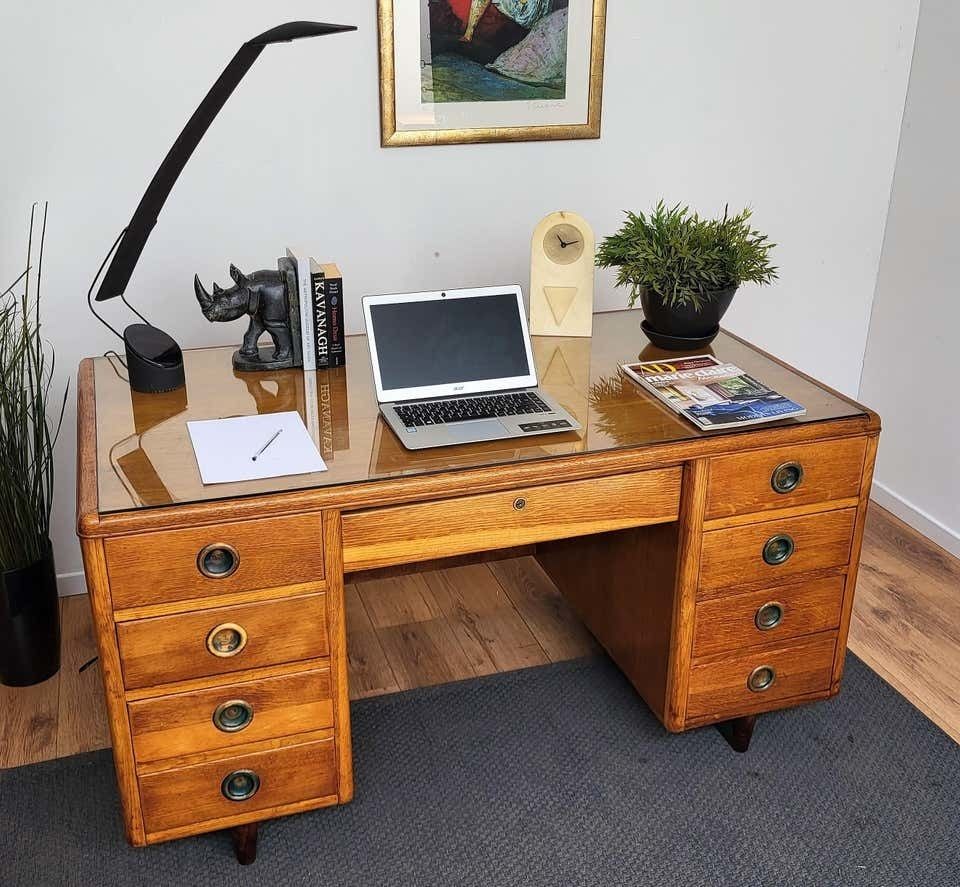 1950s Mid Century Modern Italian Walnut Wood Brass And Glass Writing Desk Table photo for sale